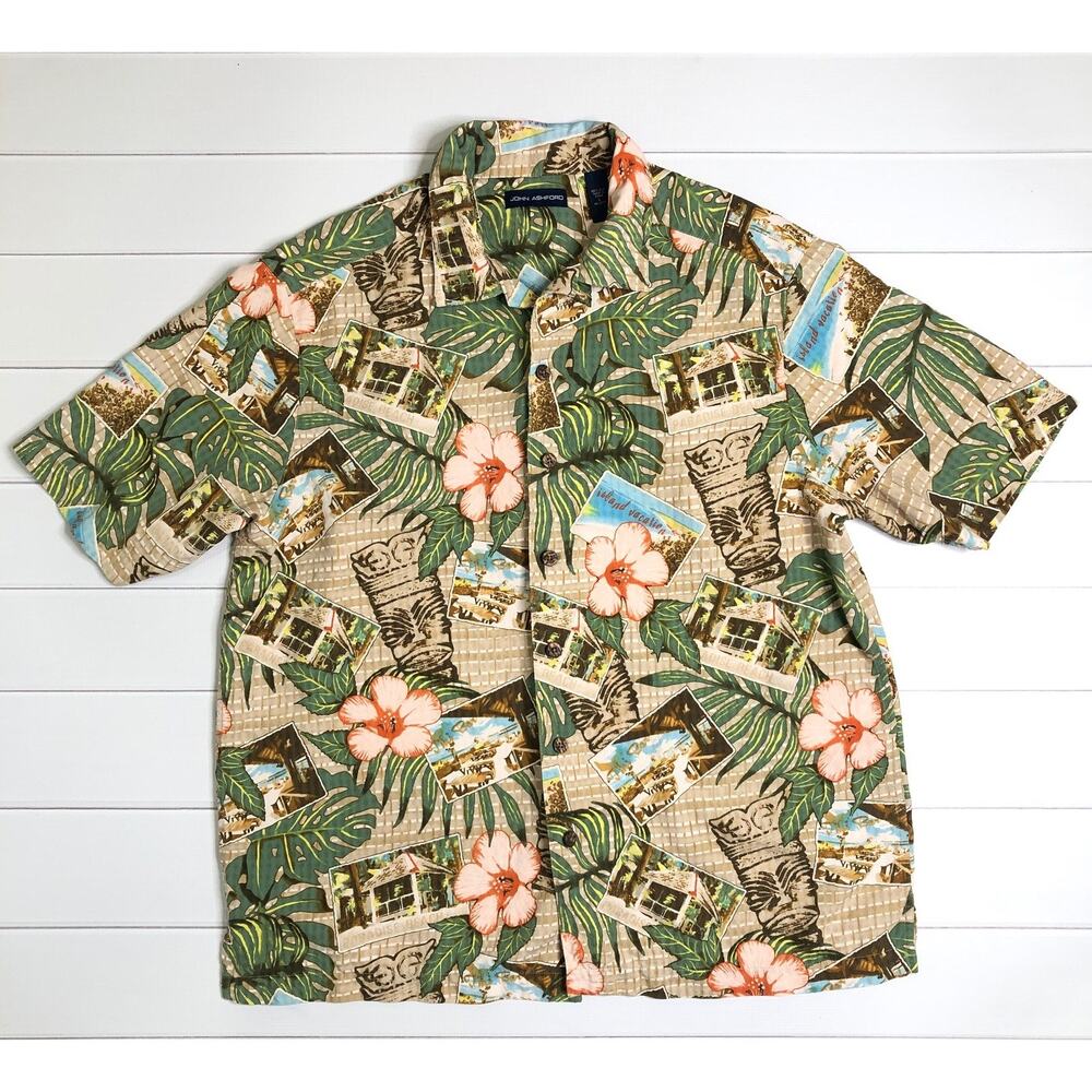 John Ashford  100% Silk Tropical Hawaiian Vacation Breathable Mens Shirt Large